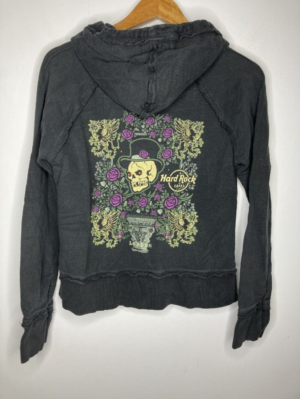 Hard Rock Cafe London Full Zip Hoodie Women's Large Black Skull Rose Y2K - Picture 9 of 13
